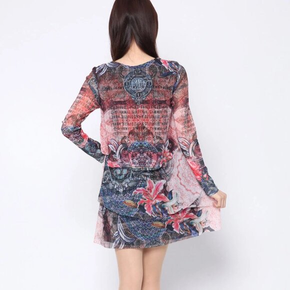 Desigual One Moment Abstract Mesh Layer Mini Dress Long Sleeve Multicolor - Picture 6 of 16